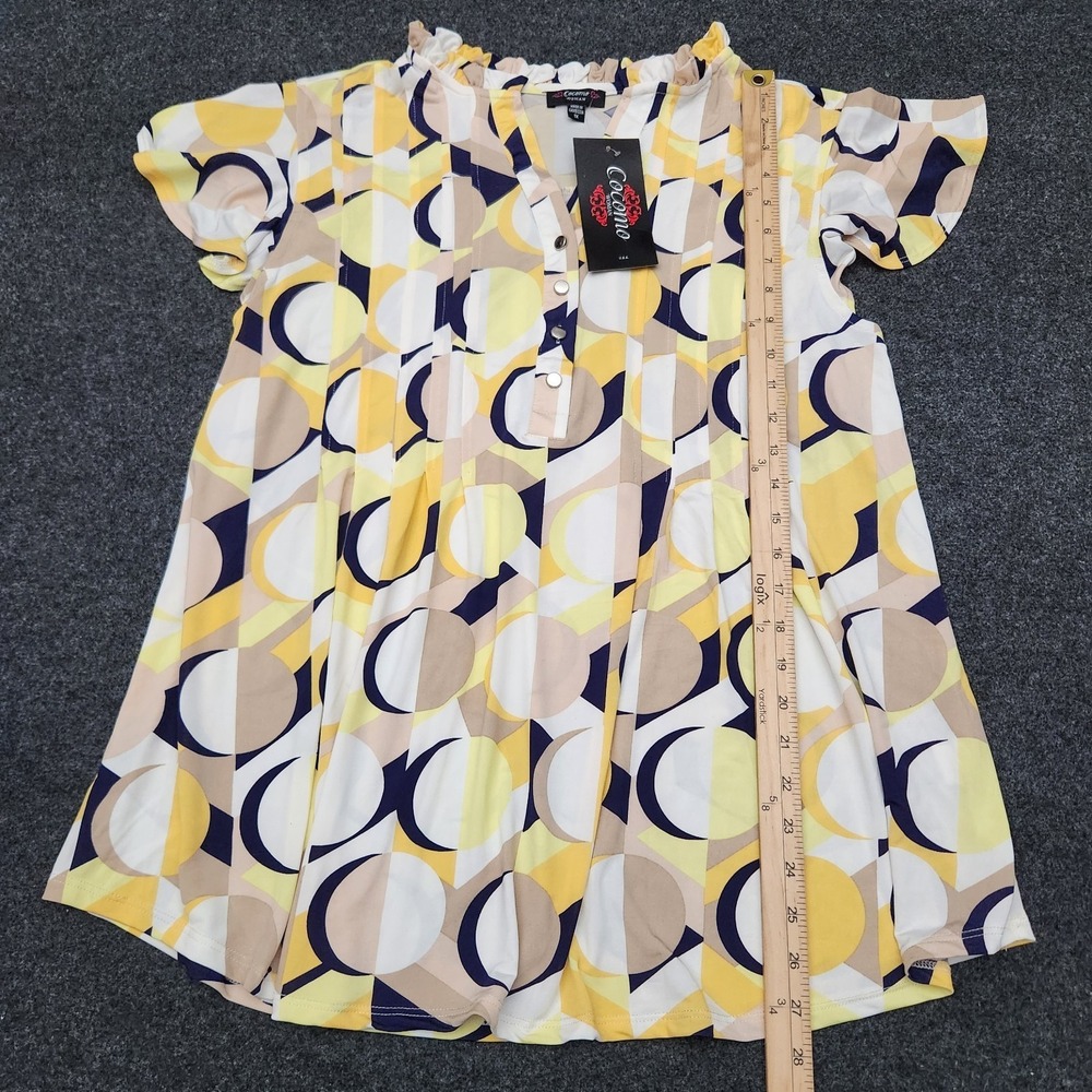 Cocomo Womens 1X Yellow Navy Beige Geometric Abstract Blouse Pintuck Pleated NEW - Picture 3 of 7